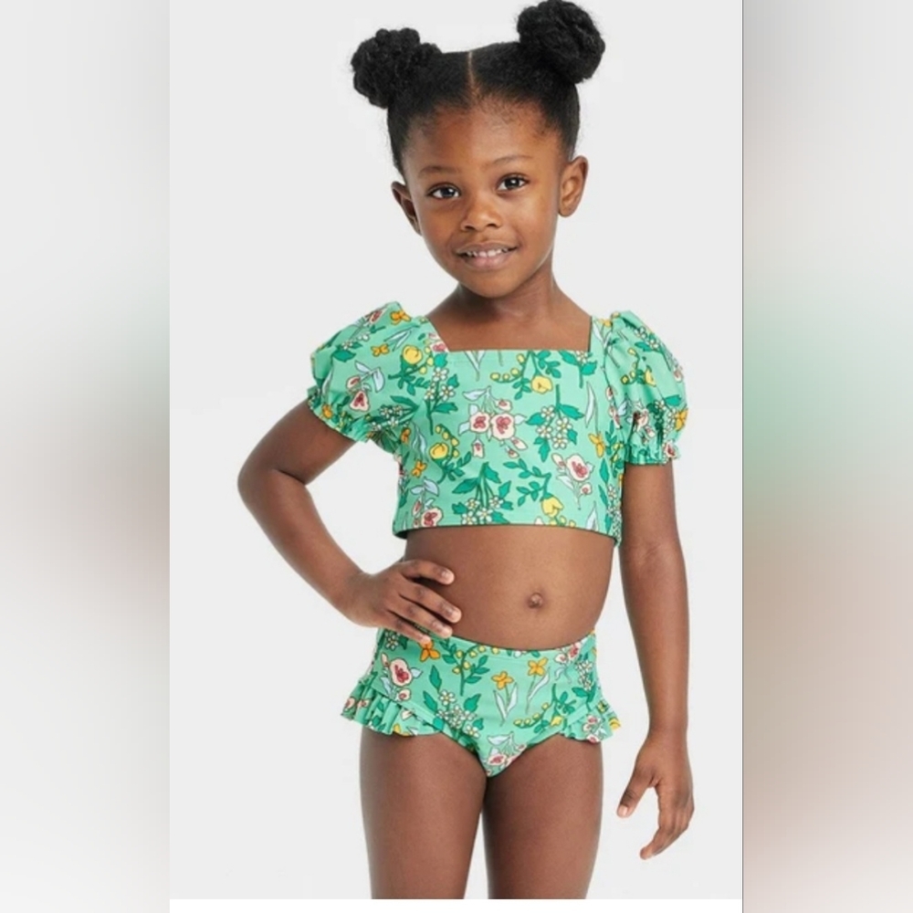 Cat & Jack Mint Green Floral Ruffled Swimming Suit Sz. 2T #2029